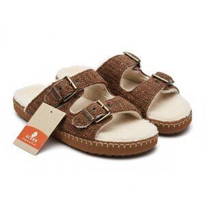 NWT Acorn Camden Double Buckle Adjustable Sandal Slipper 9.5-10.5 Fleece Brown